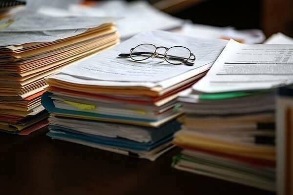 Several stacks of paper and file folders clutter a dark wooden desk. A pair of wire-rimmed glasses rests on one of the stacks.