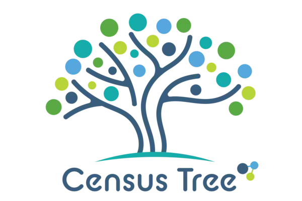Stylized tree logo with dark blue trunk, branches, and colorful green, blue, and teal circular and square leaves. Text: Census Tree.
